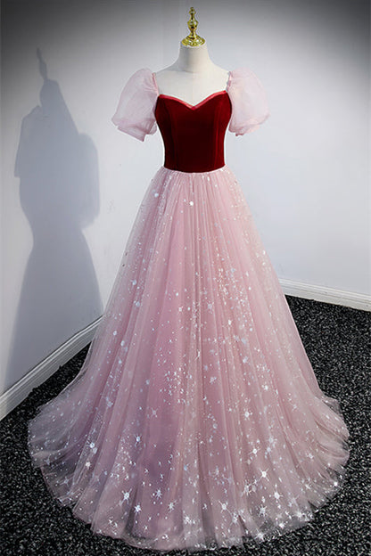 Tulle And Velvet Short Sleeves Empire A-Line Party Prom Dress