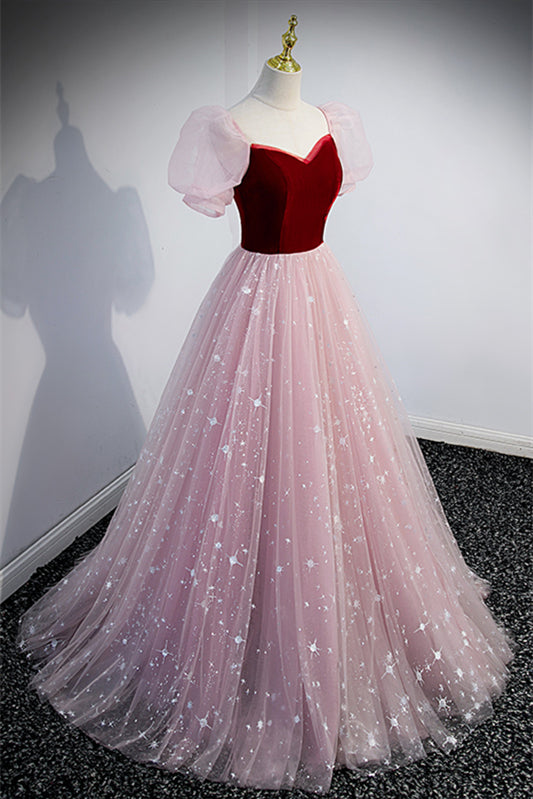 Tulle And Velvet Short Sleeves Empire A-Line Party Prom Dress