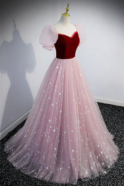 Tulle And Velvet Short Sleeves Empire A-Line Party Prom Dress