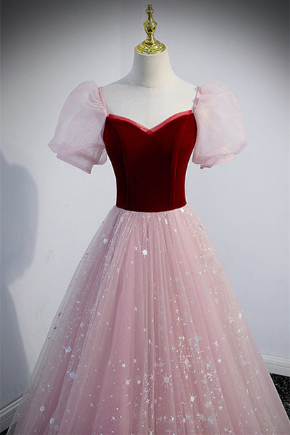 Tulle And Velvet Short Sleeves Empire A-Line Party Prom Dress