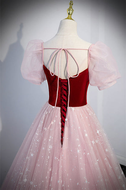 Tulle And Velvet Short Sleeves Empire A-Line Party Prom Dress