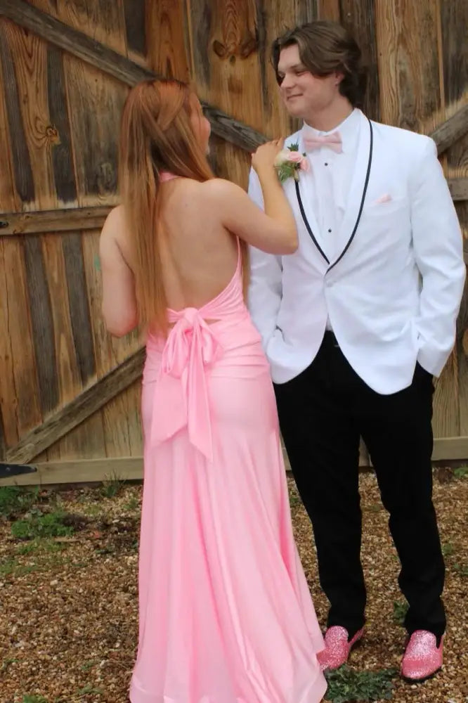 Deep V-Neck Halter Backless Mermaid Satin Party Prom Dress