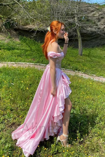 Pink Off-Shoulder Satin A-Line Ruffled High Low Party Prom Dress