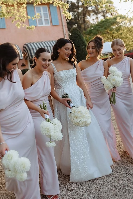 Pink One Shoulder Sleeveless Empire Long Bridesmaid Dress