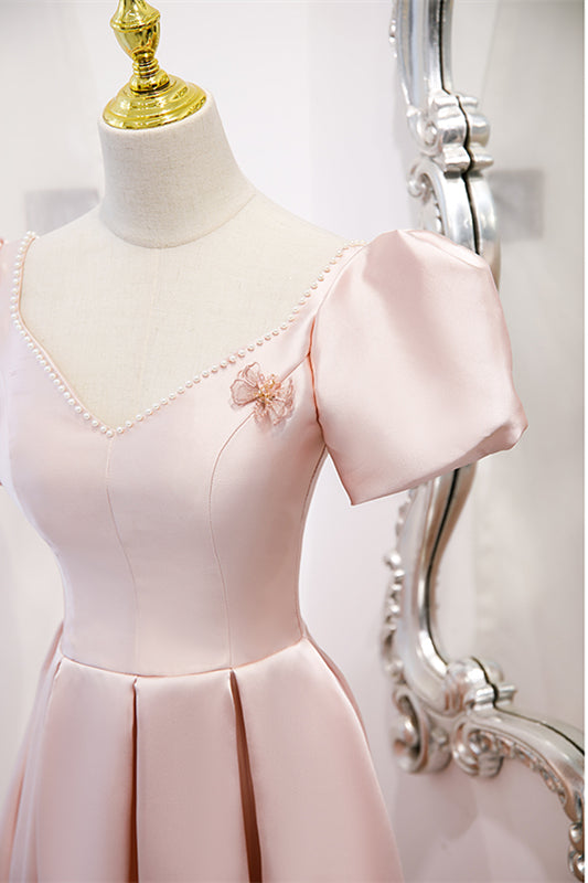 Pink Satin A-Line V-Neck Short Sleeves Party Evening Dress