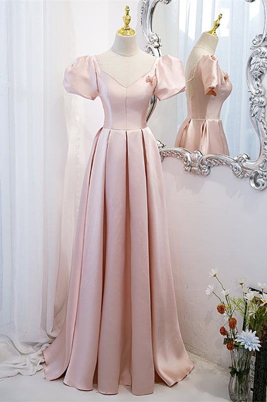 Pink Satin A-Line V-Neck Short Sleeves Party Evening Dress