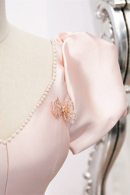 Pink Satin A-Line V-Neck Short Sleeves Party Evening Dress