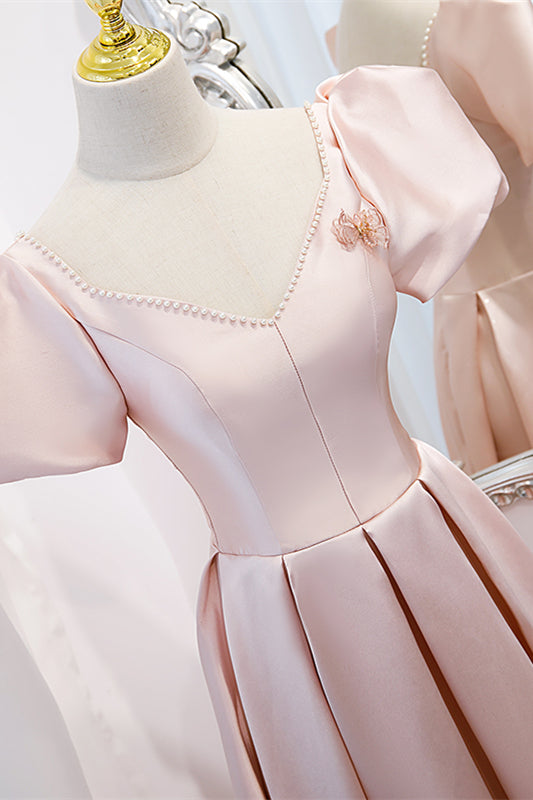 Pink Satin A-Line V-Neck Short Sleeves Party Evening Dress