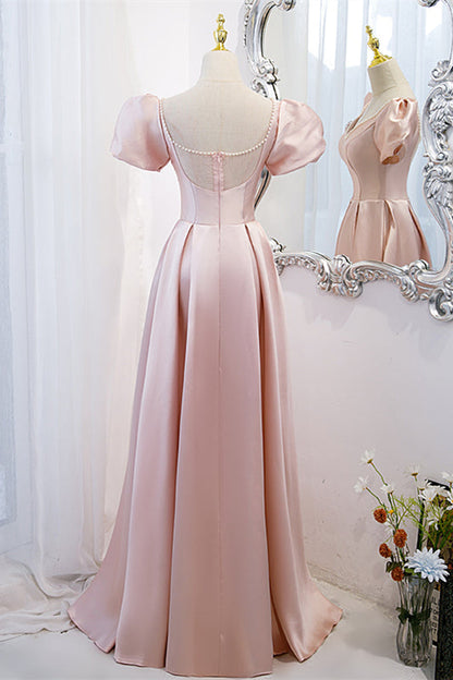 Pink Satin A-Line V-Neck Short Sleeves Party Evening Dress