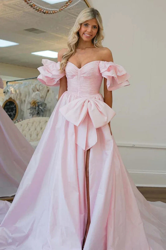Pink Satin A-Line Empire Short Sleeves Party Prom Dress With Bow