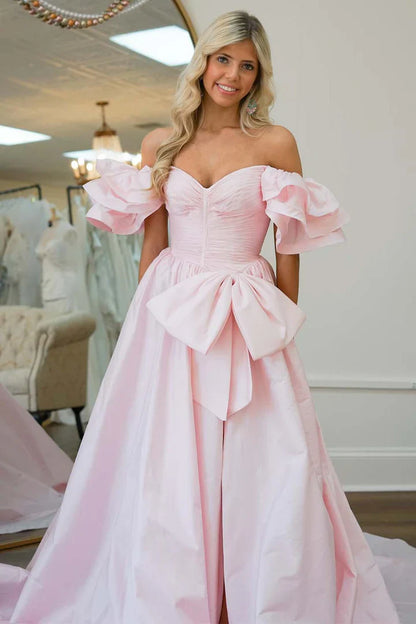 Pink Satin A-Line Empire Short Sleeves Party Prom Dress With Bow