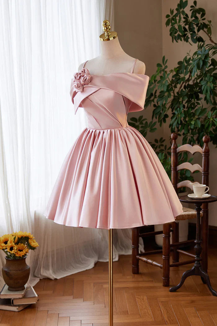 Pink Satin A-Line Empire Sleeveless Cute Homecoming Dress