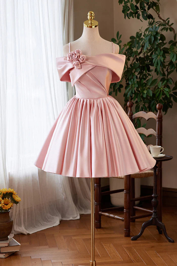Pink Satin A-Line Empire Sleeveless Cute Homecoming Dress