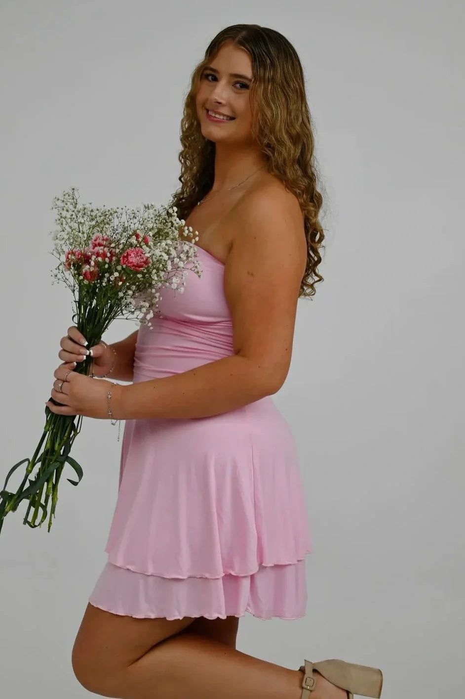 Pink Satin A-Line Empire Strapless Tiered Homecoming Dress