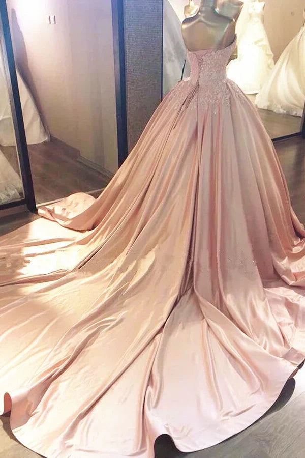 Pink Satin A-Line Lace Appliques Sweetheart Strapless Prom Dress
