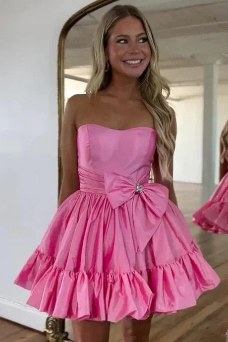 Pink Satin A-Line Strapless Homecoming Dress With Bow