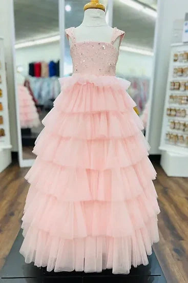 Pink Sleeveless Tulle Tiered A-Line Girl Pageant Dress