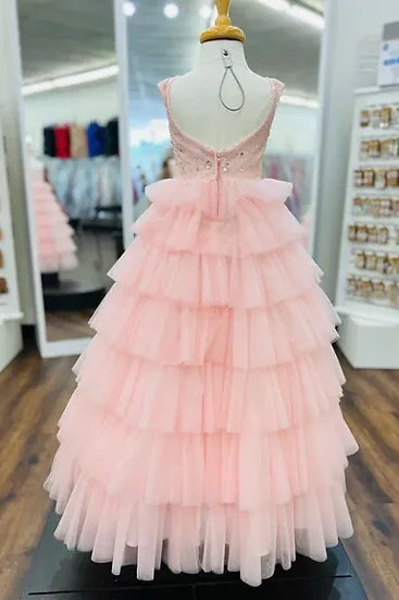Pink Sleeveless Tulle Tiered A-Line Girl Pageant Dress