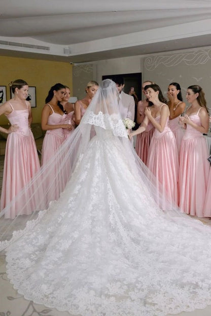 Pink Spaghetti Straps Satin A-Line Long Appliques Bridesmaid Dress