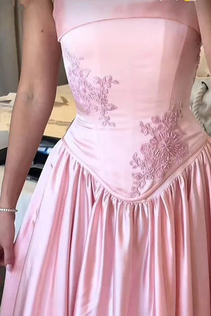 Pink Spaghetti Straps Satin A-Line Long Appliques Bridesmaid Dress