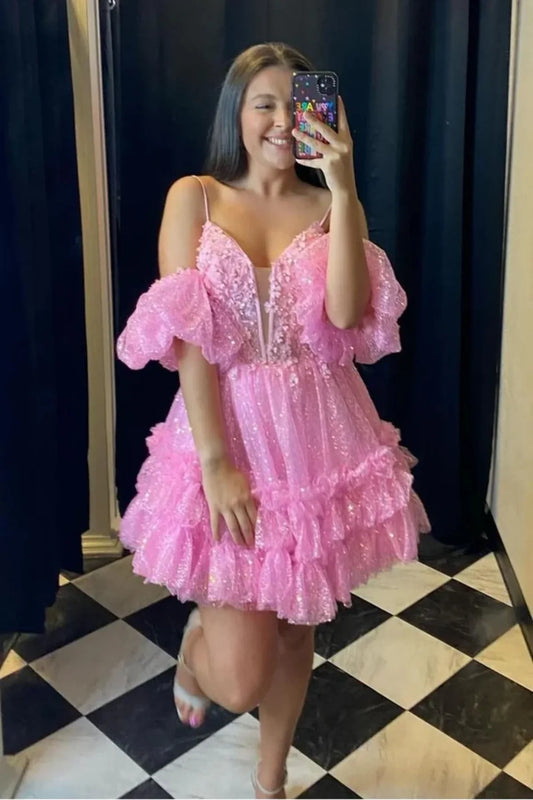 Pink Spaghetti Straps Sparkly A-Line Homecoming Party Dress