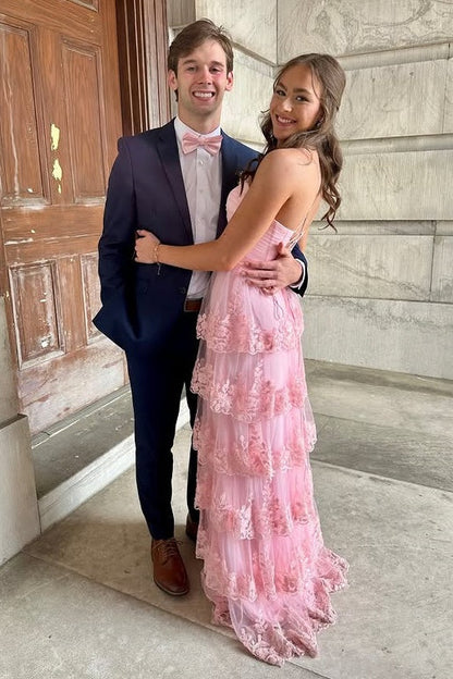 Pink Sweetheart Sleeveless Lace A-Line Tiered Prom Dress