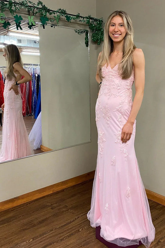 Pink Sweetheart Strapless Lace Appliques Party Prom Dress