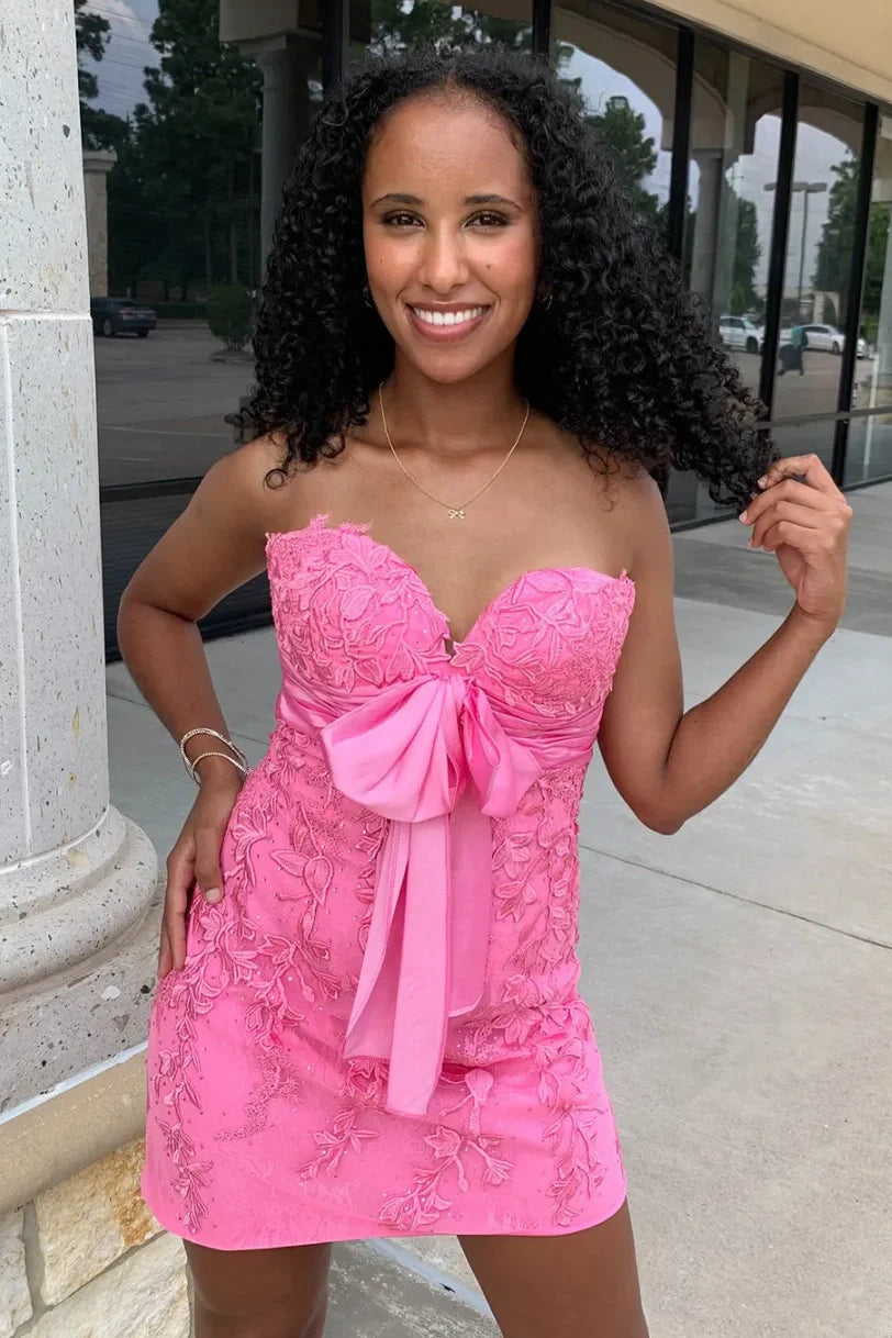 Pink Sweetheart Strapless Lace Fitted Short Homecoming Dress