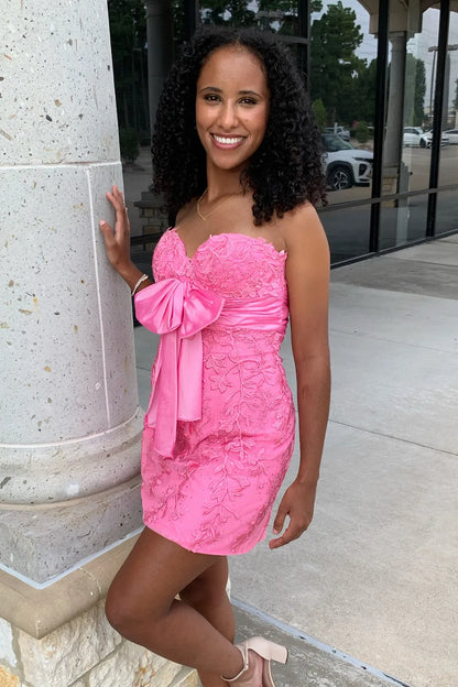 Pink Sweetheart Strapless Lace Fitted Short Homecoming Dress