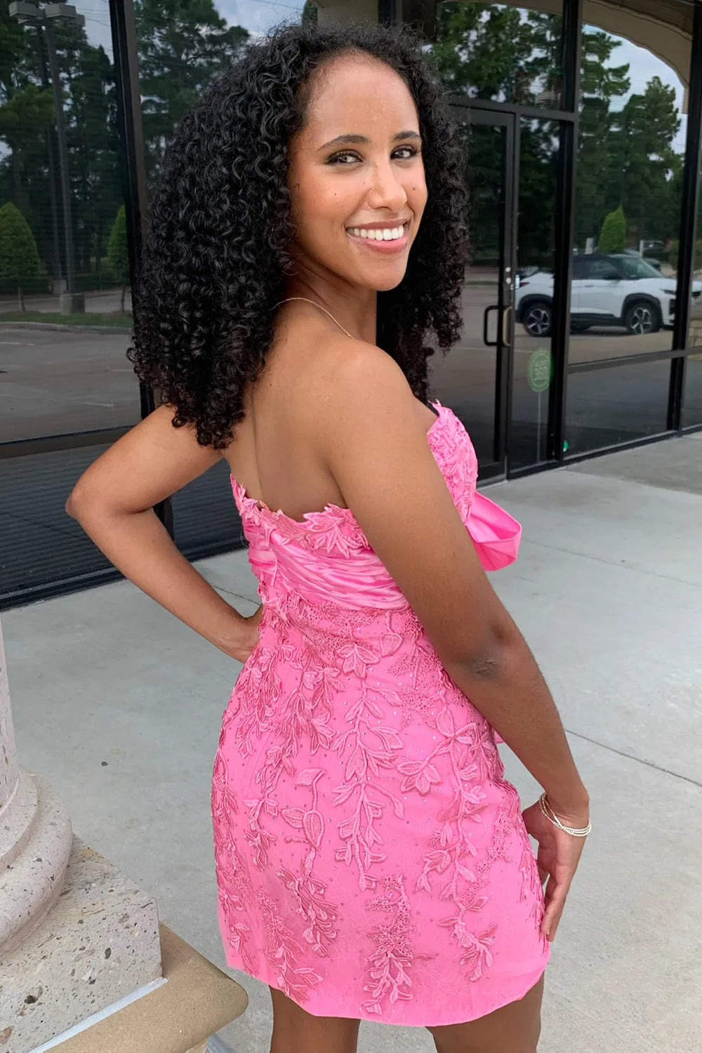 Pink Sweetheart Strapless Lace Fitted Short Homecoming Dress