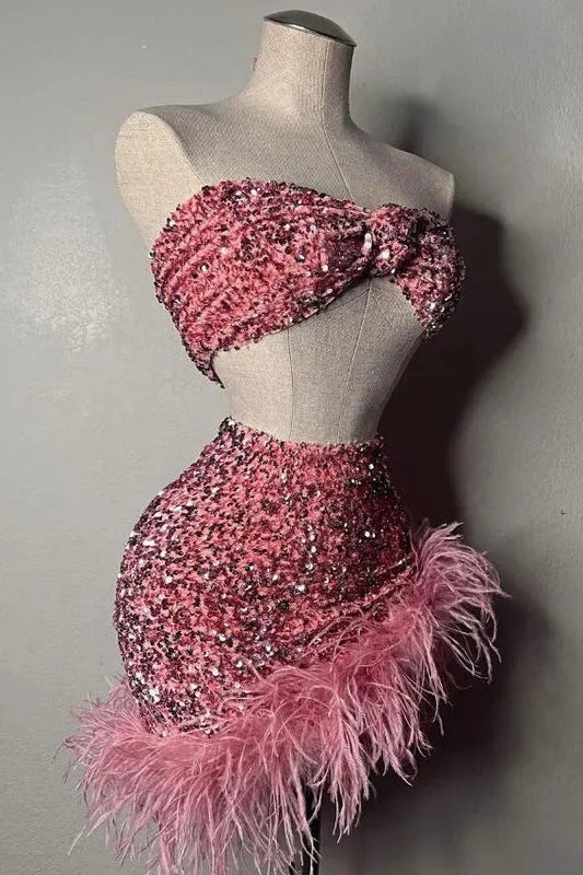 Pink Sweetheart Strapless Two Piece Sequins And Feathes Homecoming Dress