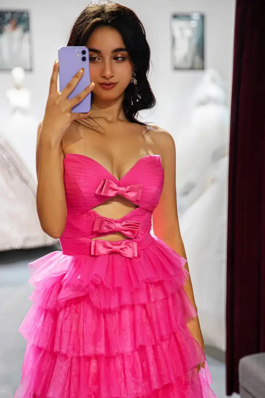 Pink Tulle A-Line Empire Strapless Party Prom Dress With Bows