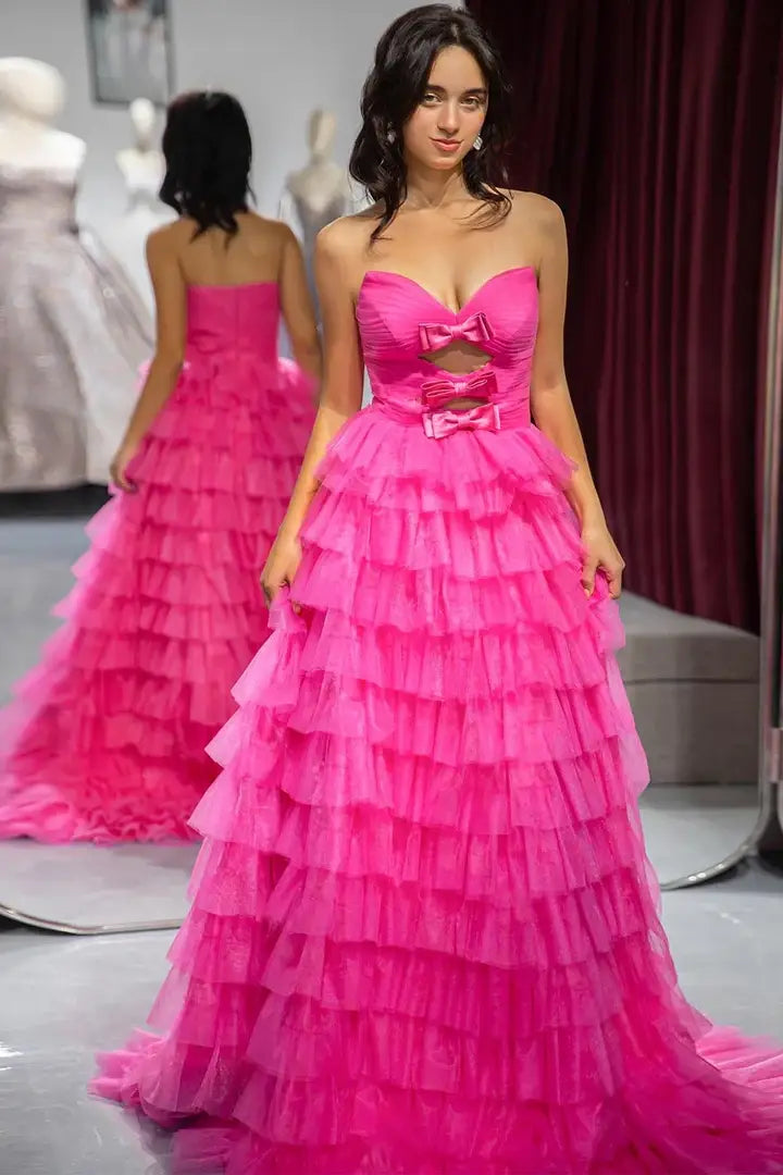 Pink Tulle A-Line Empire Strapless Party Prom Dress With Bows