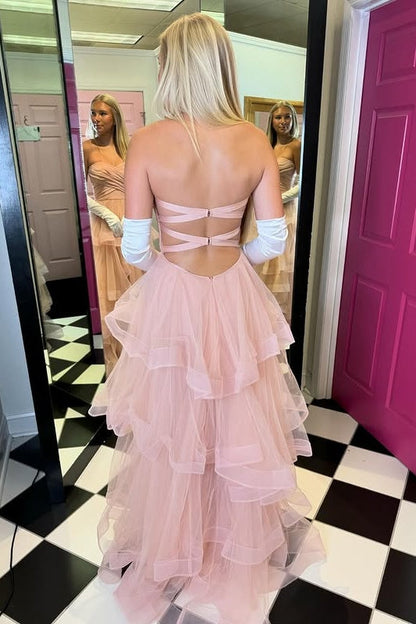 Pink Tulle A-Line Sweetheart Strapless Prom Party Dress