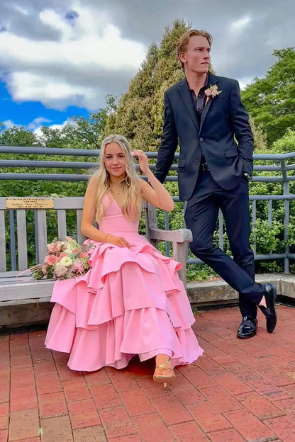 Pink V-Neck Spaghetti Straps A-Line Tiered Party Prom Dress