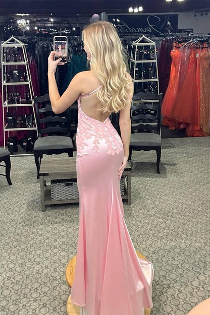Pink V-Neck Spaghetti Straps Appliques Mermaid Prom Dress