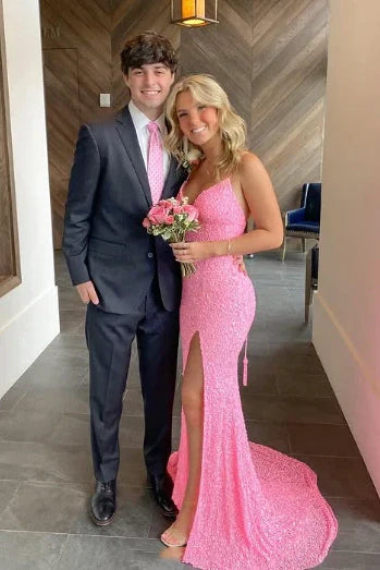Pink V-Neck Spaghetti Straps Mermaid Sequins Party Prom Dress