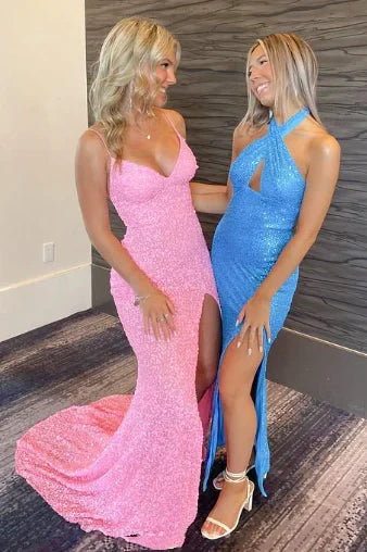 Pink V-Neck Spaghetti Straps Mermaid Sequins Party Prom Dress