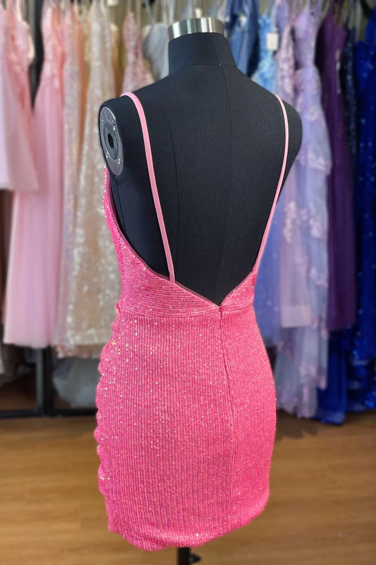 Pink V-Neck Spaghetti Straps Open Back Homecoming Dress