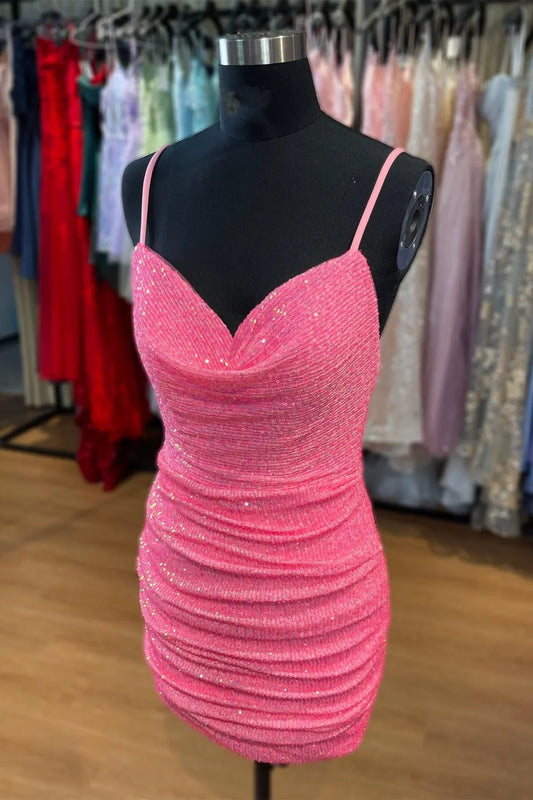 Pink V-Neck Spaghetti Straps Open Back Homecoming Dress