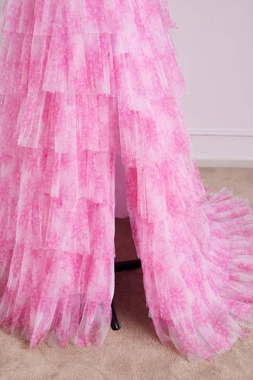 Pink Floral Bow Tie Straps Layers A-line Long Prom Dress with Slit