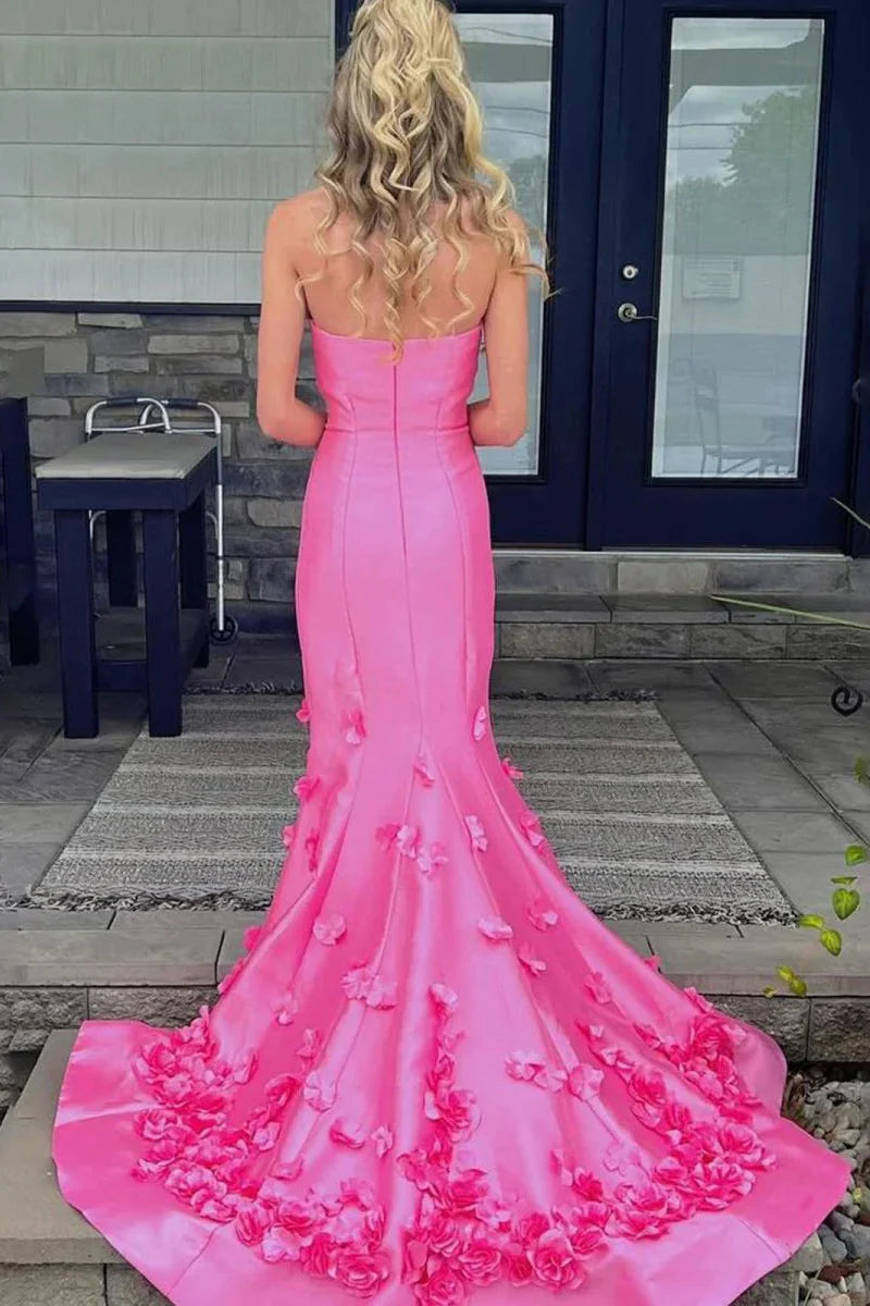 Elegant 3D Florals A-Line Strapless Long Prom Dress