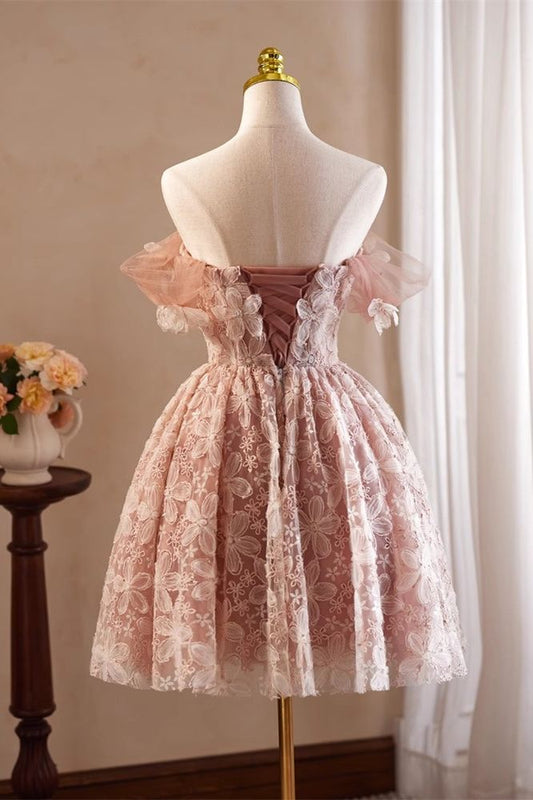 Pink Vintage Off the Shoulder Flower Appliques Homecoming Dress