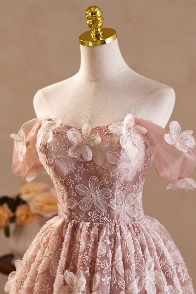 Pink Vintage Off the Shoulder Flower Appliques Homecoming Dress