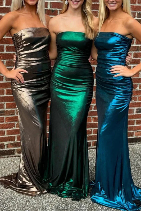 Pleated Strapless Empire Satin Party Prom Dress With Train