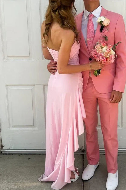 Pleated Strapless Satin Fitted Ruffle Party Prom Dress