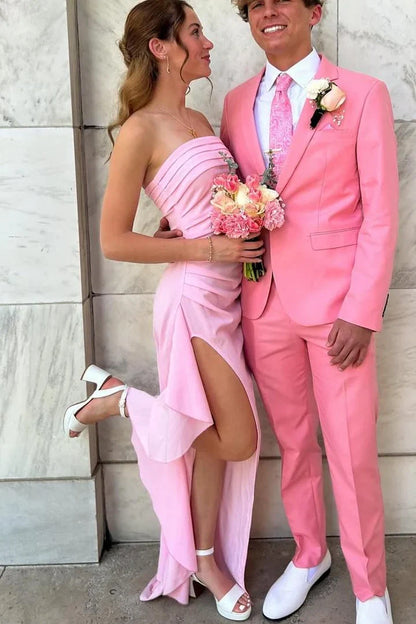 Pleated Strapless Satin Fitted Ruffle Party Prom Dress