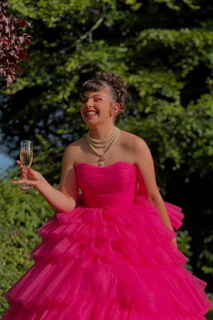 Pleated Strapless Tulle A-Line Tiered Long Party Prom Dress