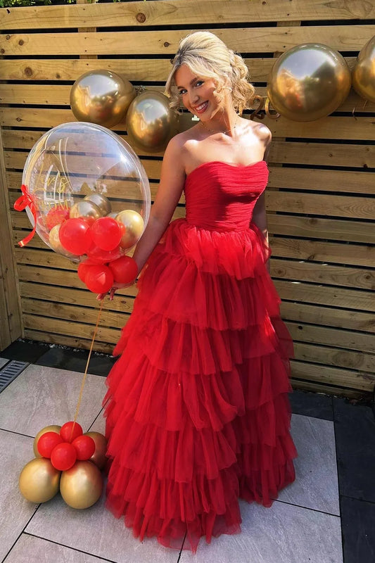 Pleated Strapless Tulle A-Line Tiered Long Party Prom Dress