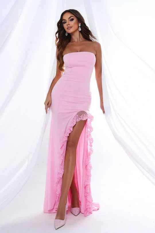 Pretty Pink Satin Strapless Party Evening Dress With Lace Slit